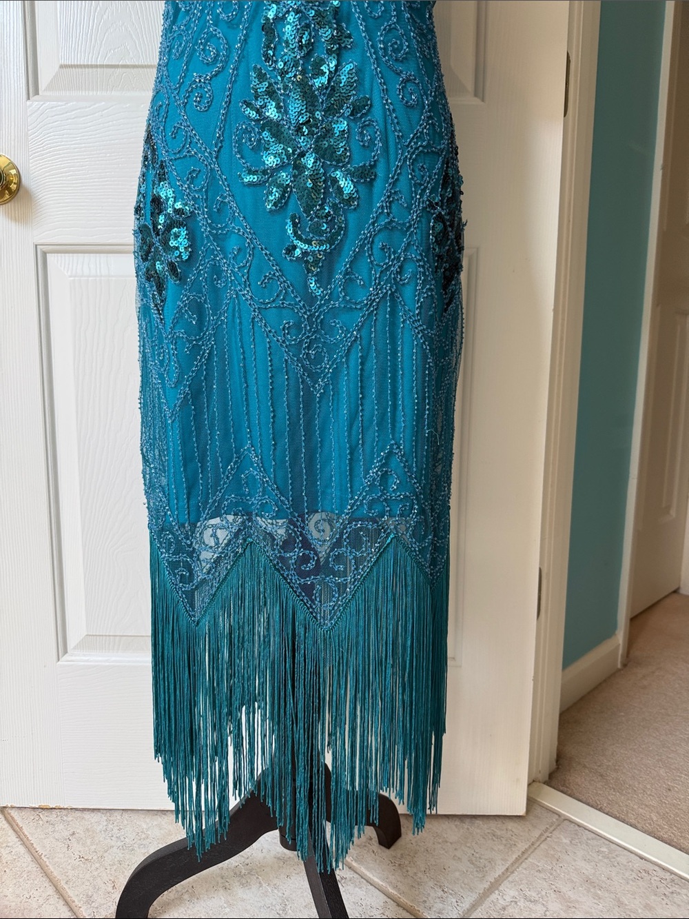 Flapper Style Teal Beaded Fringe Evening Dress - Picture 5 of 7